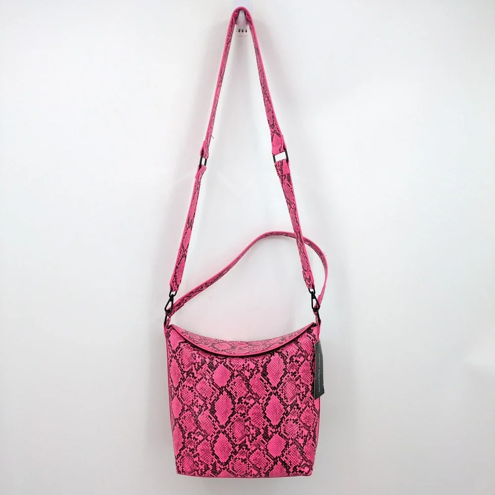 French Connection Lucy‎ Neon Pink Snakeskin Bucket Crossbody Bag NWT